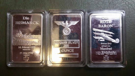 LOT OF 3 GERMAN SILVER CLAD ART  BARS: RED BARON ETC., SILVER PLATE ART BARS