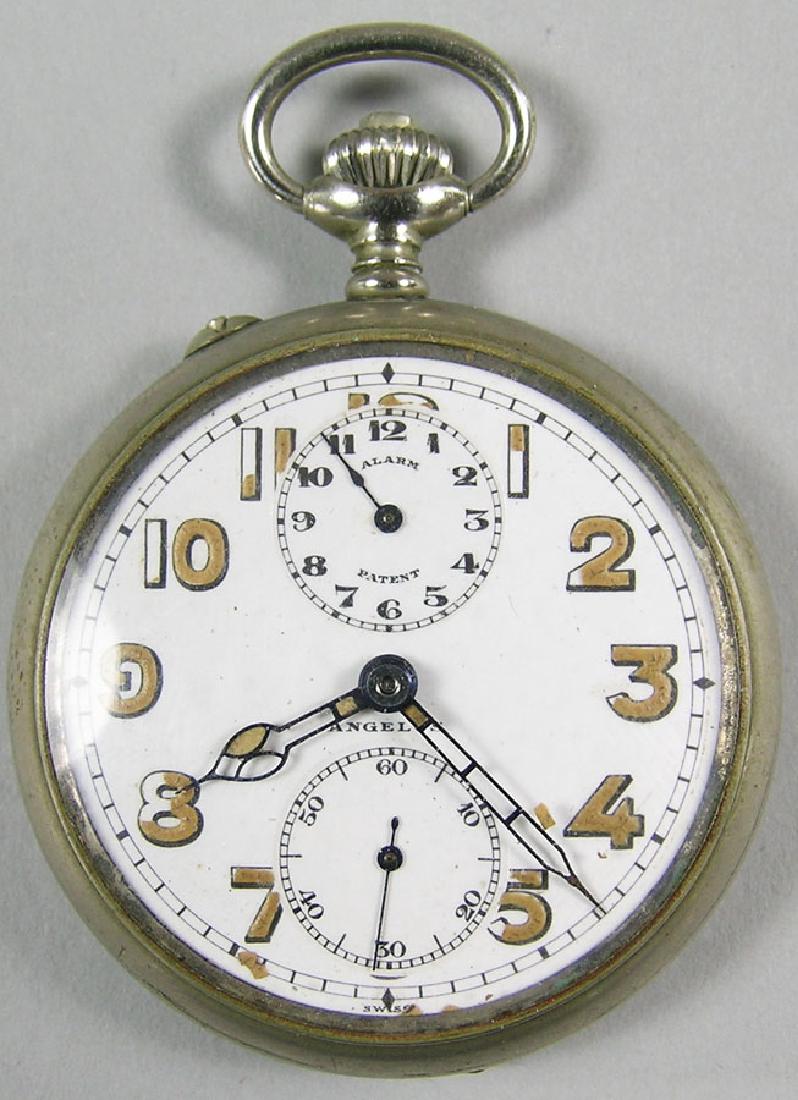 Angelus Watch Co. Alarm Pocket Watch, open face, 15: Angelus Watch Co. Alarm Pocket Watch, open face, 15 Jewel movement, silver tone case, #108867 on case.