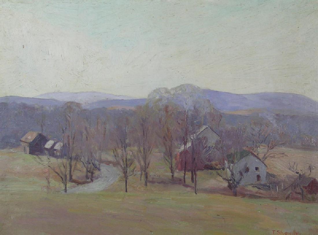 Theodore Shoudy, (American, 1881-1962), oil on board,: Theodore Shoudy, (American, 1881-1962), oil on board, "The Road to Town", 12" x 16", signed lower right, titled on verso on a Salmagundi Club Auction Exhibition label, also bearing a stamp for Midas A