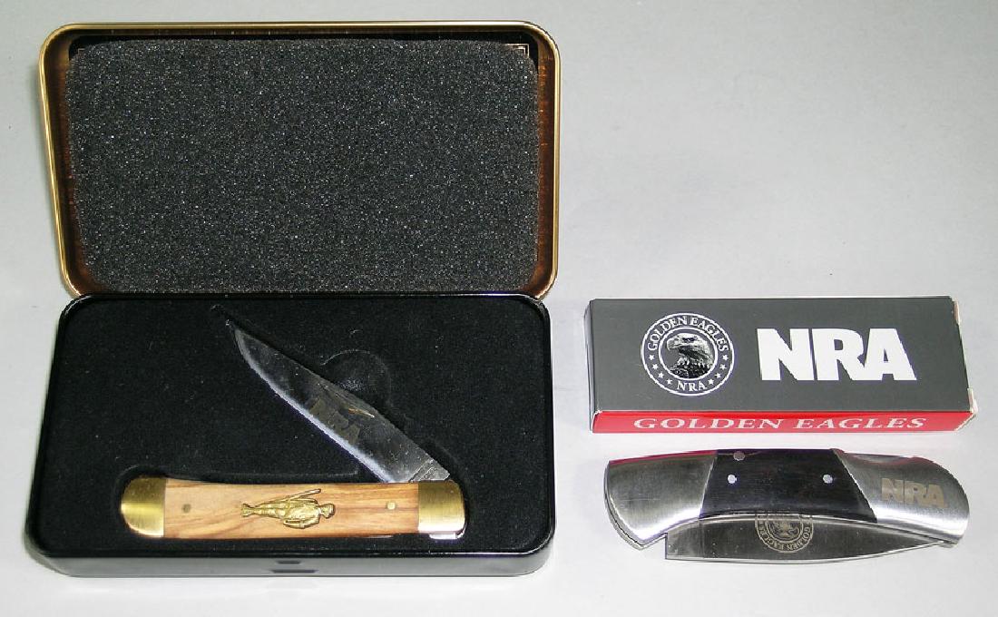 Two NRA Folding Pocket Knives: Two NRA Folding Pocket Knives a Tribute Knife "Commemorating the 140th Anniversary of the Founding of the NRA", in original tin box; and a "Golden Eagles", in original box.