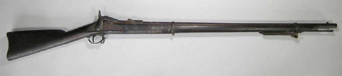 U.S. Springfield Model 1863 Black Powder Percussion: U.S. Springfield Model 1863 Black Powder Percussion Musket two inspectors cartouches on side of stock, 40" barrel, with US marked socket bayonet. Condition: Overall oxidation with minor pitting, missi