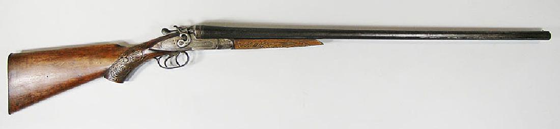 William Moore Side by Side Shotgun: William Moore Side by Side Shotgun 12 gauge, SN-49251, exterior hammers, 30" barrels, walnut stock and forearm having carving throughout, Belgian Royal Damascus steel. Condition: 50-60% Relic