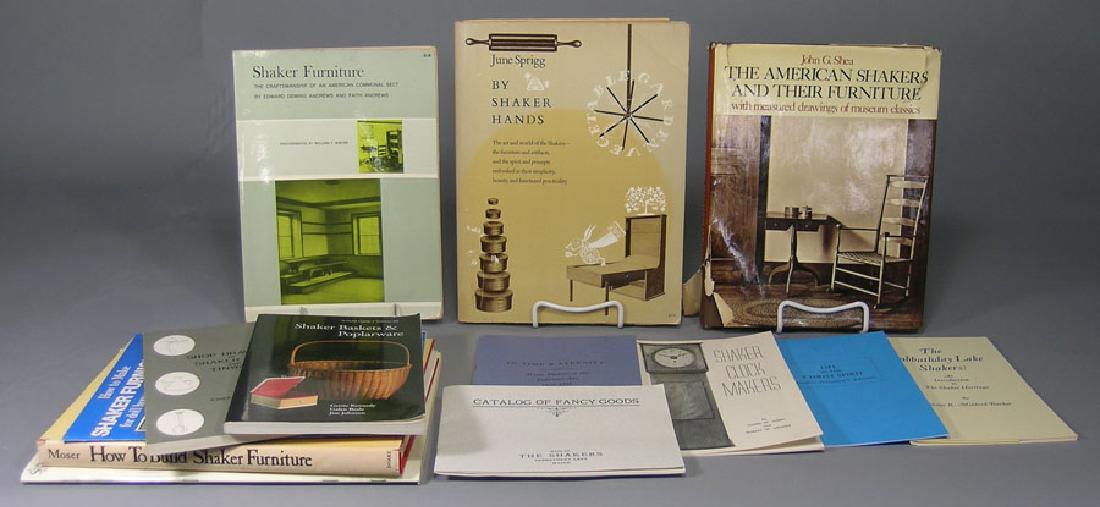 Collection of Thirteen plus Books and Ephemera Related: including a first paperbound edition of Shaker Furniture by Edward Deming and Faith Andrews, The American Shakers and Their Furniture by John Shea, By Shaker Hands by June Sprigg, in addition to a num