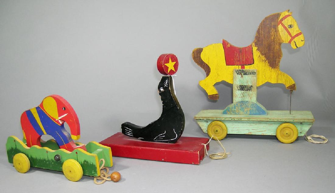 Three Vintage Mechanical Wooden Pull Toys (1 of 1)