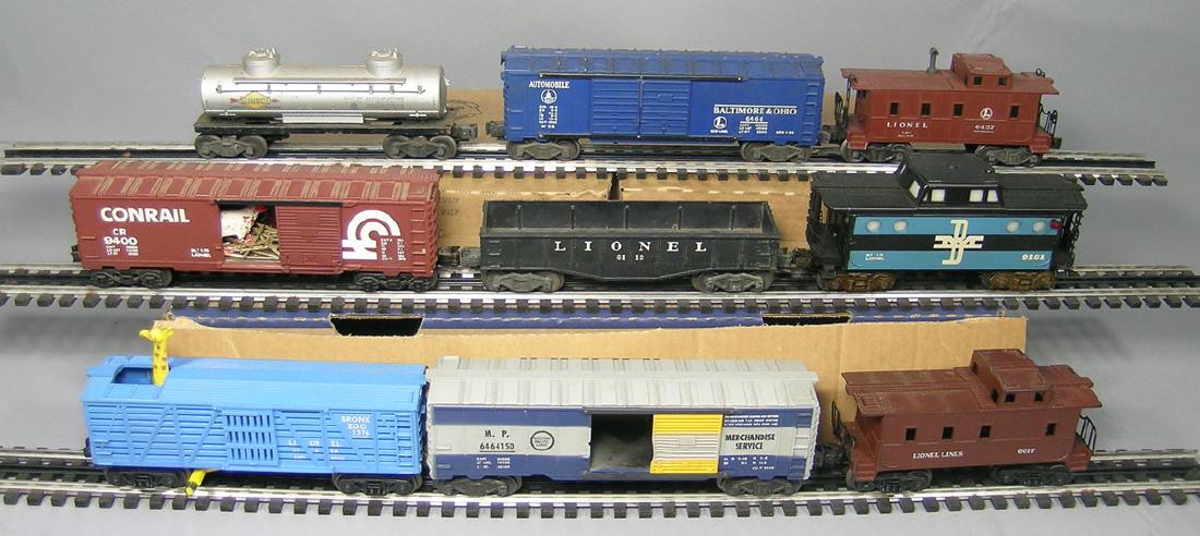 Nine Lionel Freight Cars: circa 1950's-1970's, assorted, including MP 6464-750 Box car