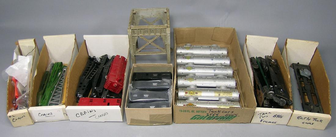 Large Assortment of Lionel Parts: circa 1950's, comprising crane car and tank car bodies and parts