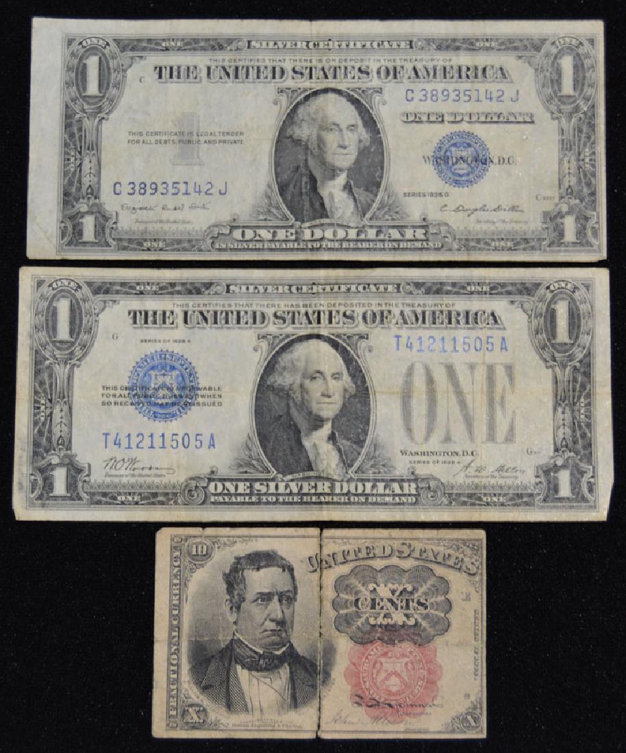 Three Pieces of Paper Currency: 1923-A and 1935-G Silver Certificates, and a 1874 ten cent fractional
