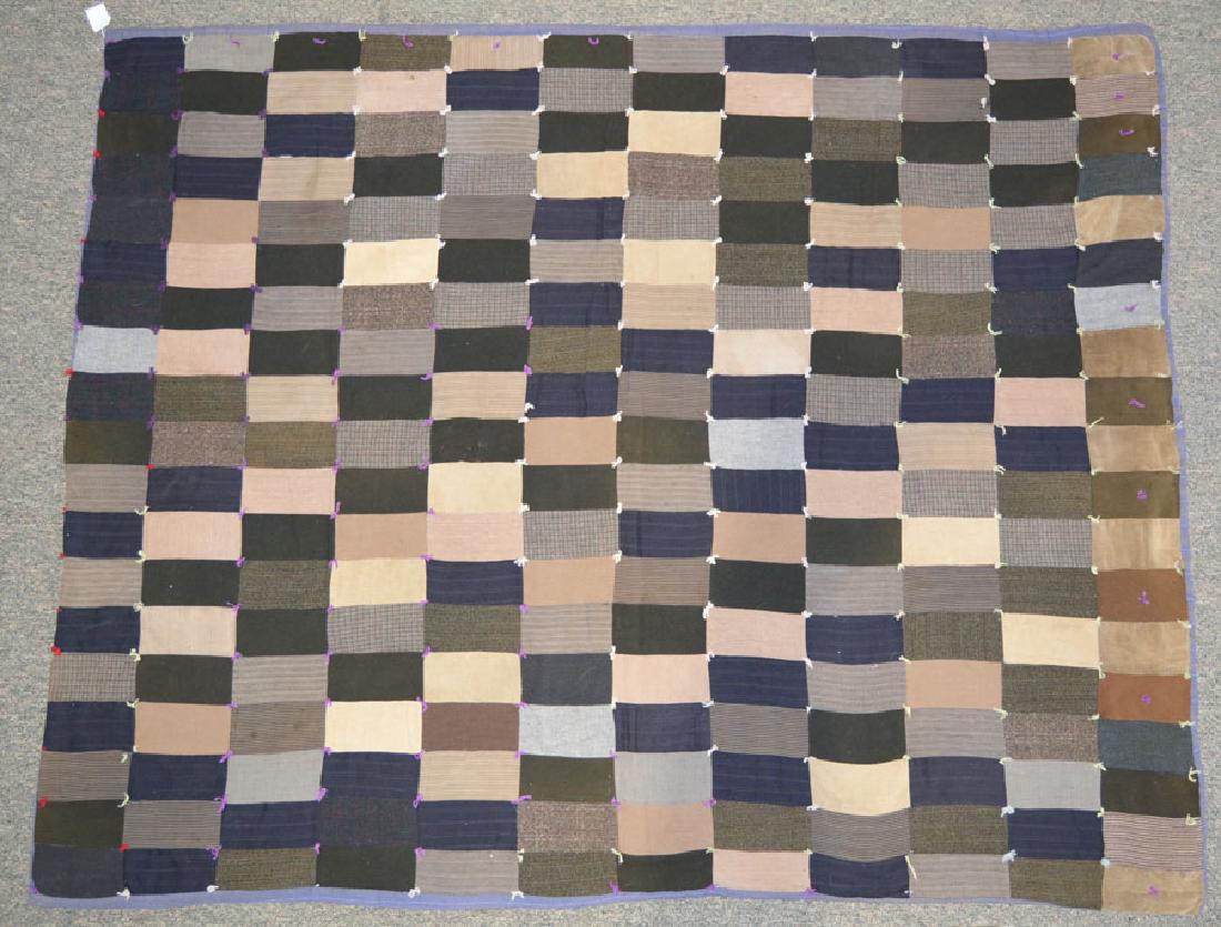 Three Antique Wool Quilts: Small blocks, 66" x 83"; Rectangular blocks, 66" x 83"; Red squares, 68" x 74"