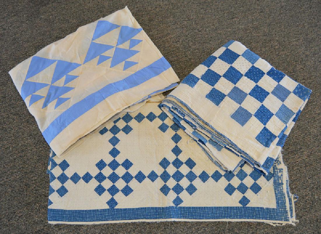 Three Antique Quilts Related Items: Antique Quilt Top and 2-Quilts in Blue; Christmas Tree quilt top , 77" x 92"; Blocks, 72" x 72"; checkerboard 63" x 73"