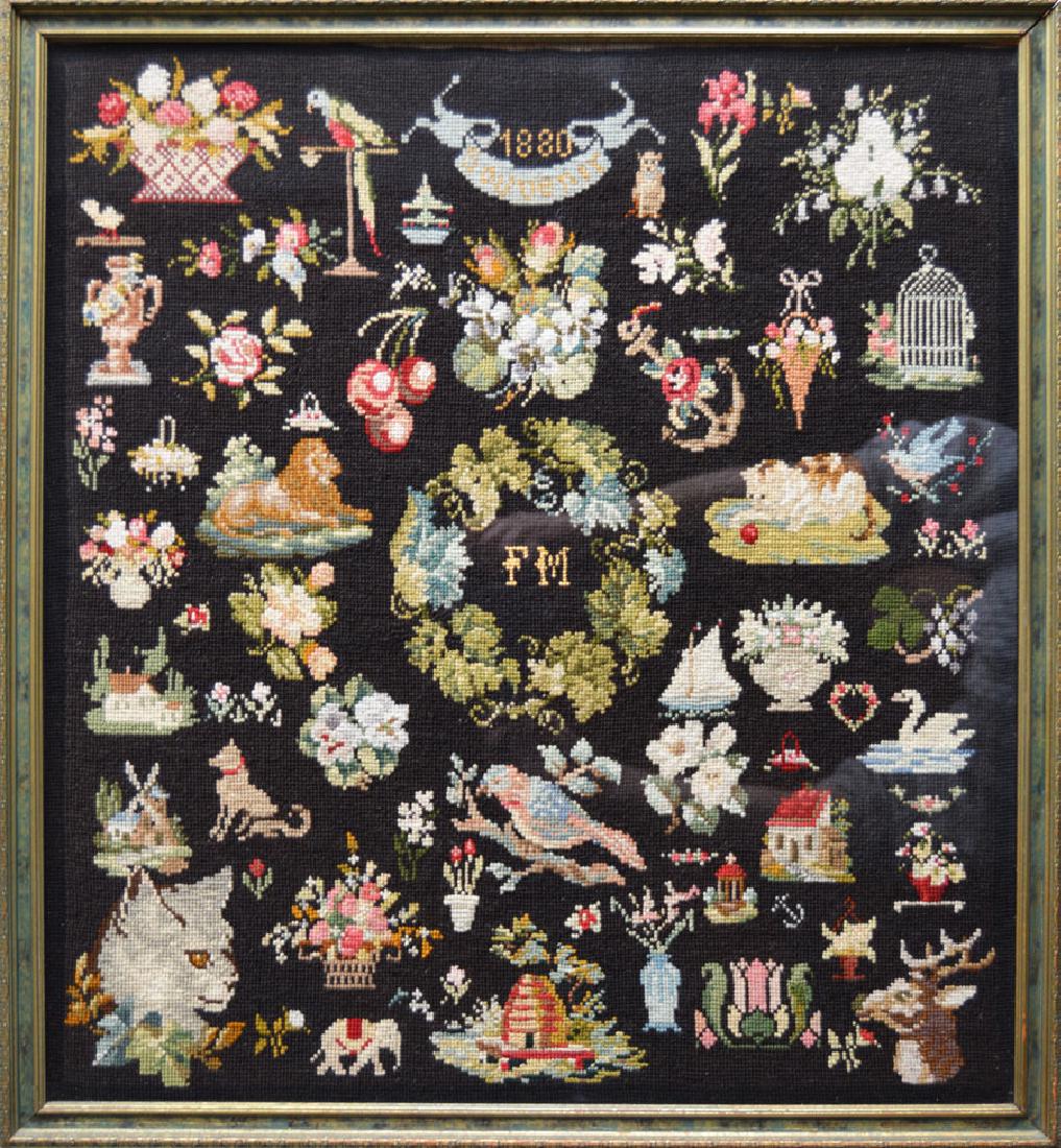 1880 Cross Stitch Picture: "Souvenir", having Lion, Cat, Swan, Stag, Elephant, Bird, Anchor, Dog, Sailboat, House, Windmill and Floral decoration, 23" x 21", framed.