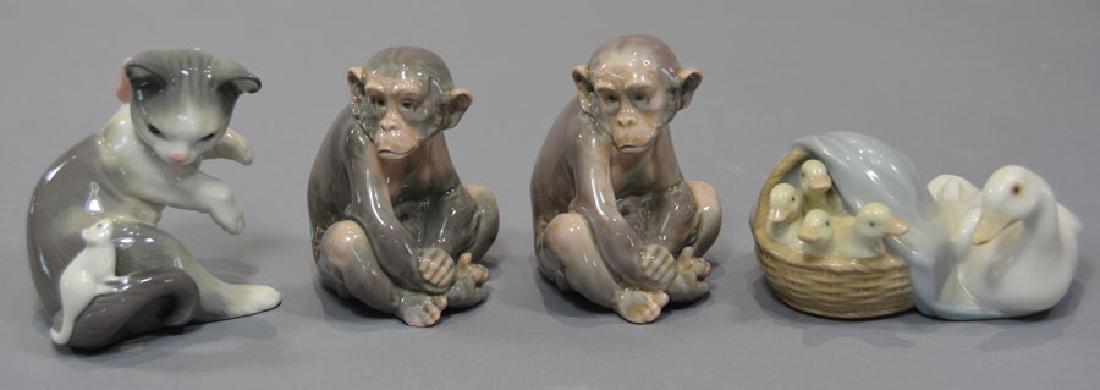 Four Lladro Animal Figurines: comprising a Cat with Mouse, 3 1/8" high; a Goose with Goslings in a Basket, 3 3/8" long; and 2-seated Monkeys, 3" high