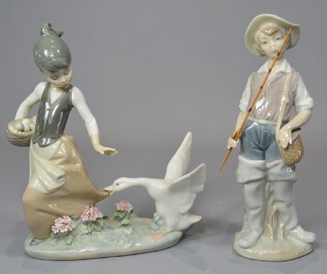 Two Lladro Figurines: "Aggressive Goose" # 1288, 8 3/8" high and "Gone Fishing" #4809, 8 5/8" high