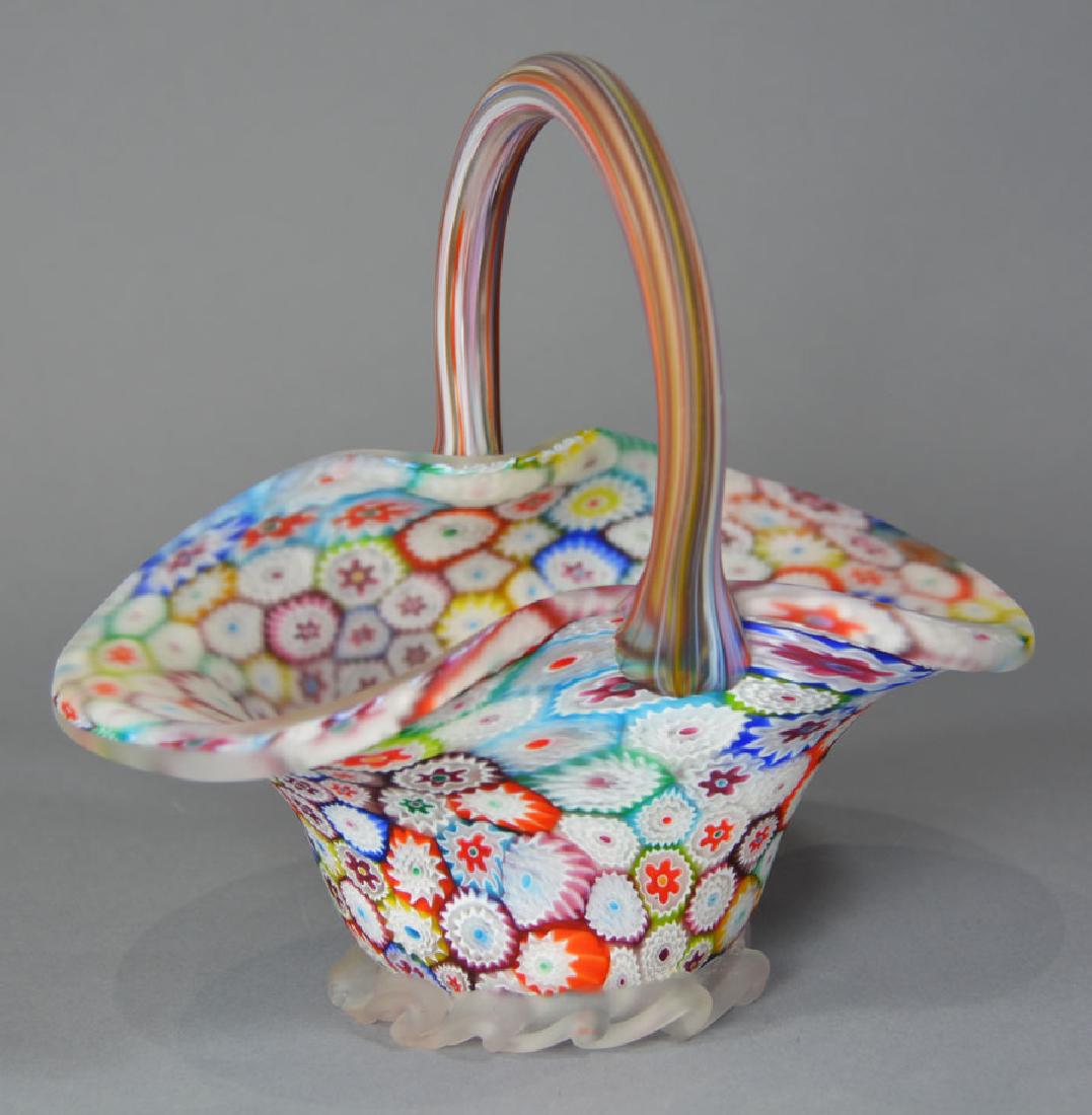 Millefiori Art Glass Basket Vase: 6" long, 6" high