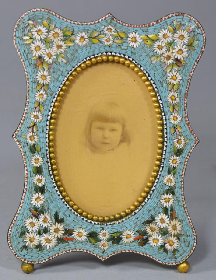 Antique Micro Mosaic Dresser Frame: decorated with daisies with a blue background, 5" x 3 7/8".