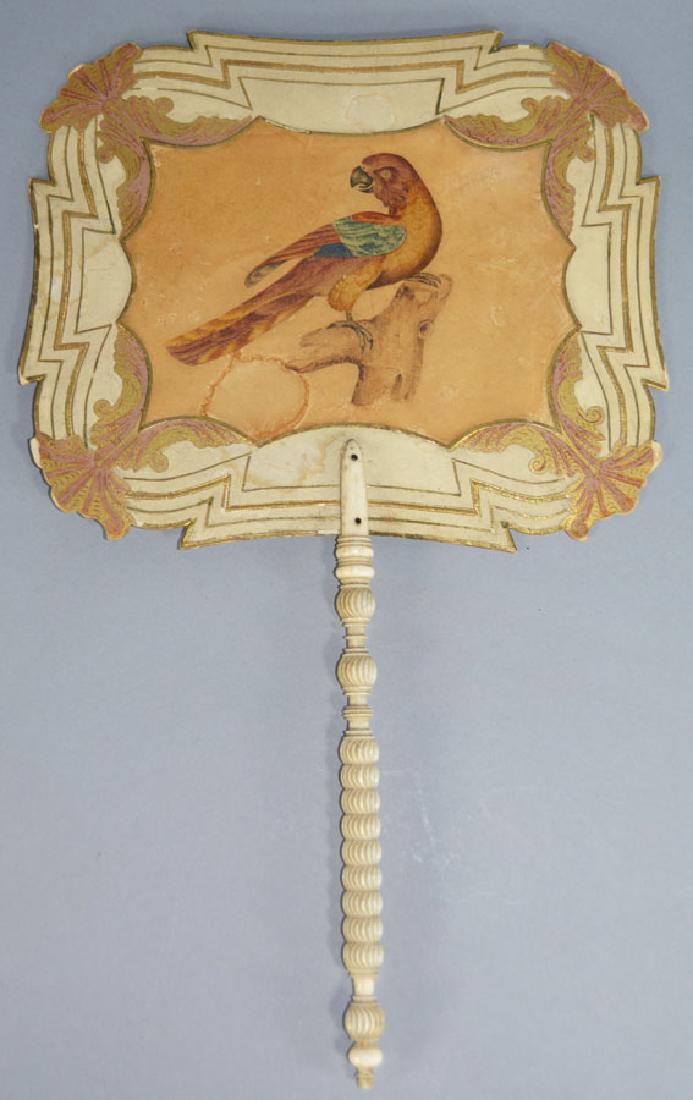 Antique French Hand Fan: Paper fan with hand painted watercolor Bengal Paroquet, turned and carved bone handle, 8 3/4" wide, 14 1/4" long.