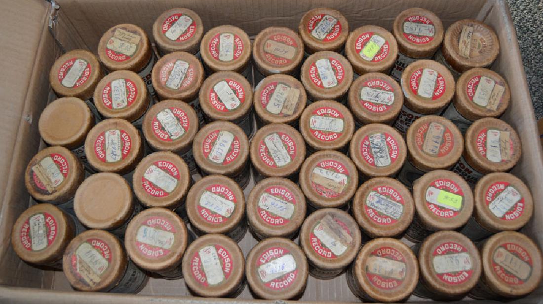 Forty-five Edison Cylinder Records: various genre of music, all in cases with tops