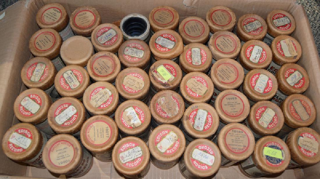Forty-four Edison Cylinder Records: various genre of music, all in cases with tops