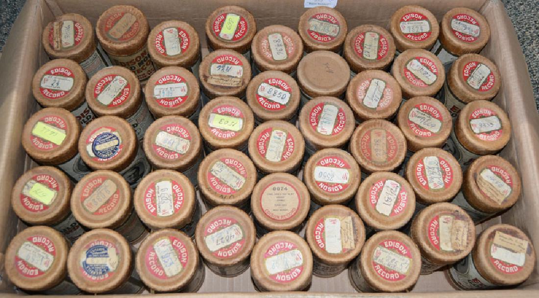 Forty-five Edison Cylinder Records: various genre of music, all in cases with tops