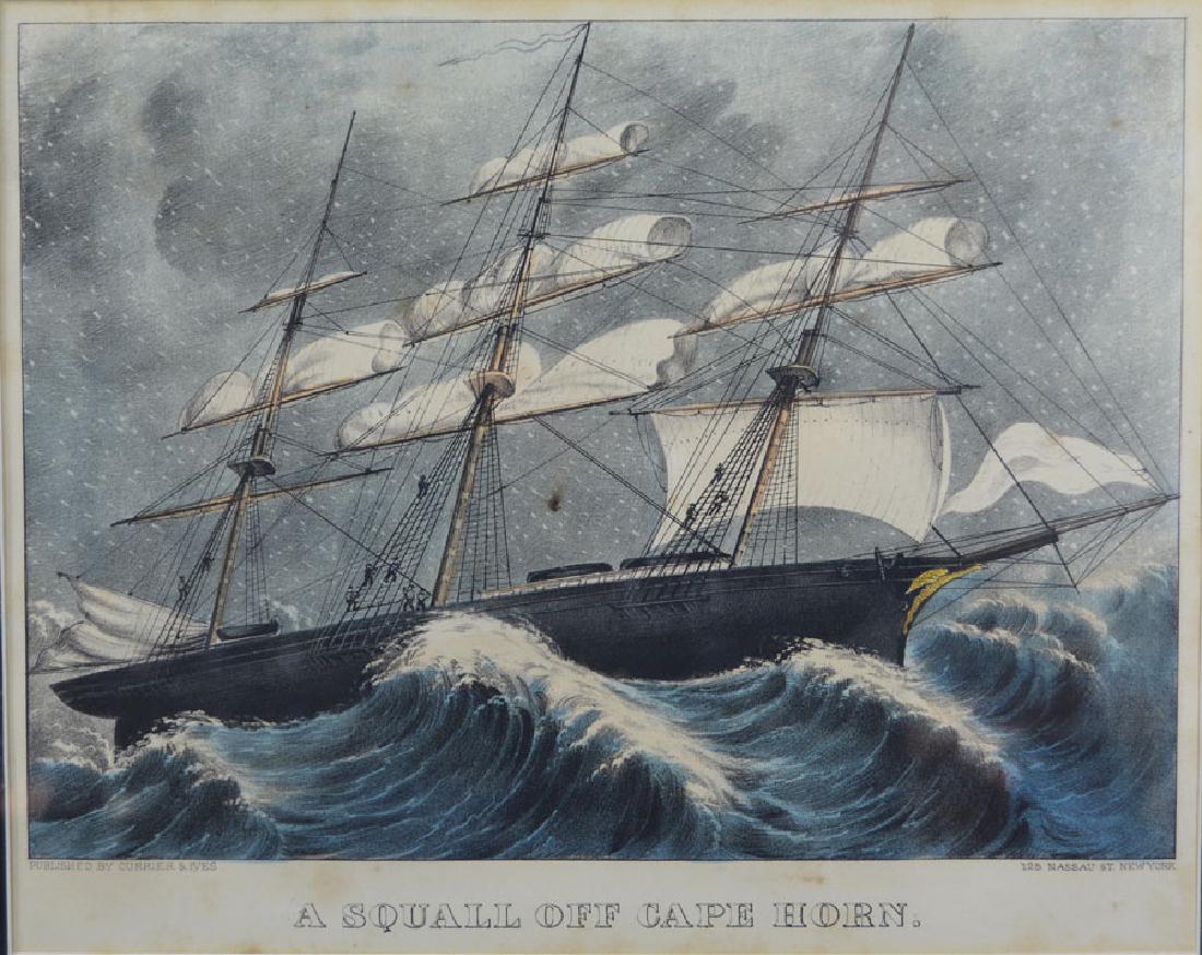 Currier & Ives Chromolithograph: titled "A Squall Off Cape Horn", 9" x 12 1/4" image, 10 1/8" x 12 3/4" sight, matted and framed.