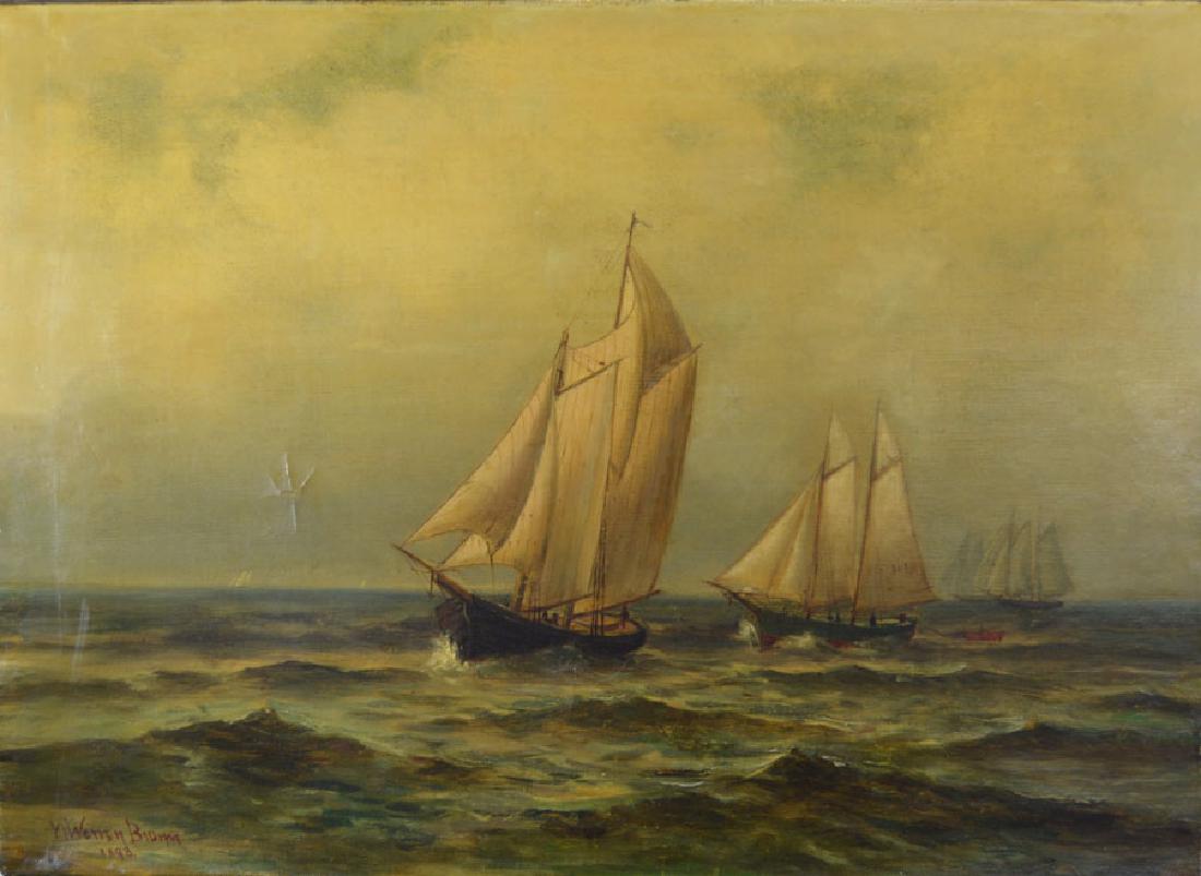 H. Warren Brown, (American late 19th/early 20th C.): oil on canvas depicting sailing ships, 16" x 22. signed and dated "1893" lower right, unframed.