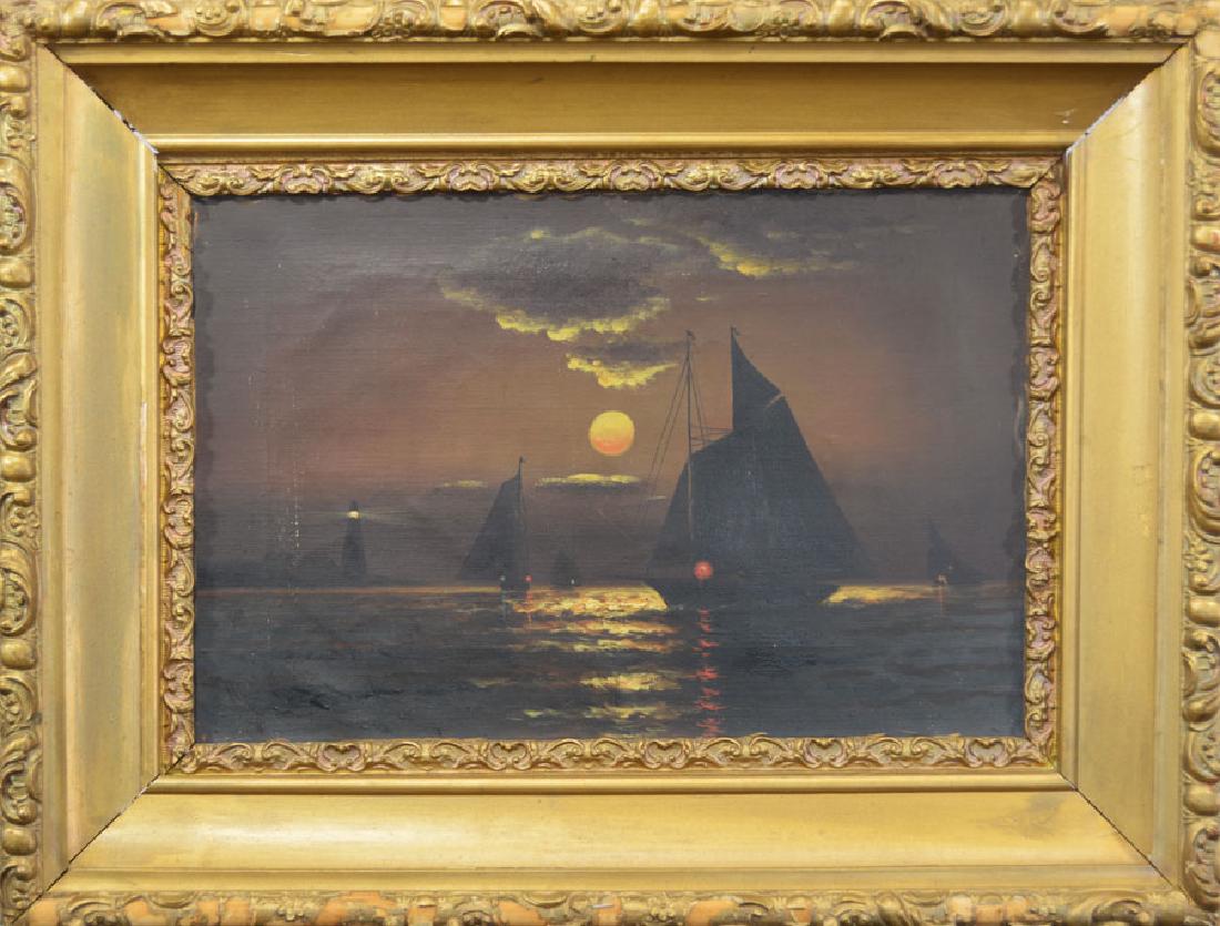After Edward Moran, (19th C.): oil on canvas depicting a Moonlit marine landscape with sailboats and lighthouse, 12" x 18", signed "Moran" lower left, framed.