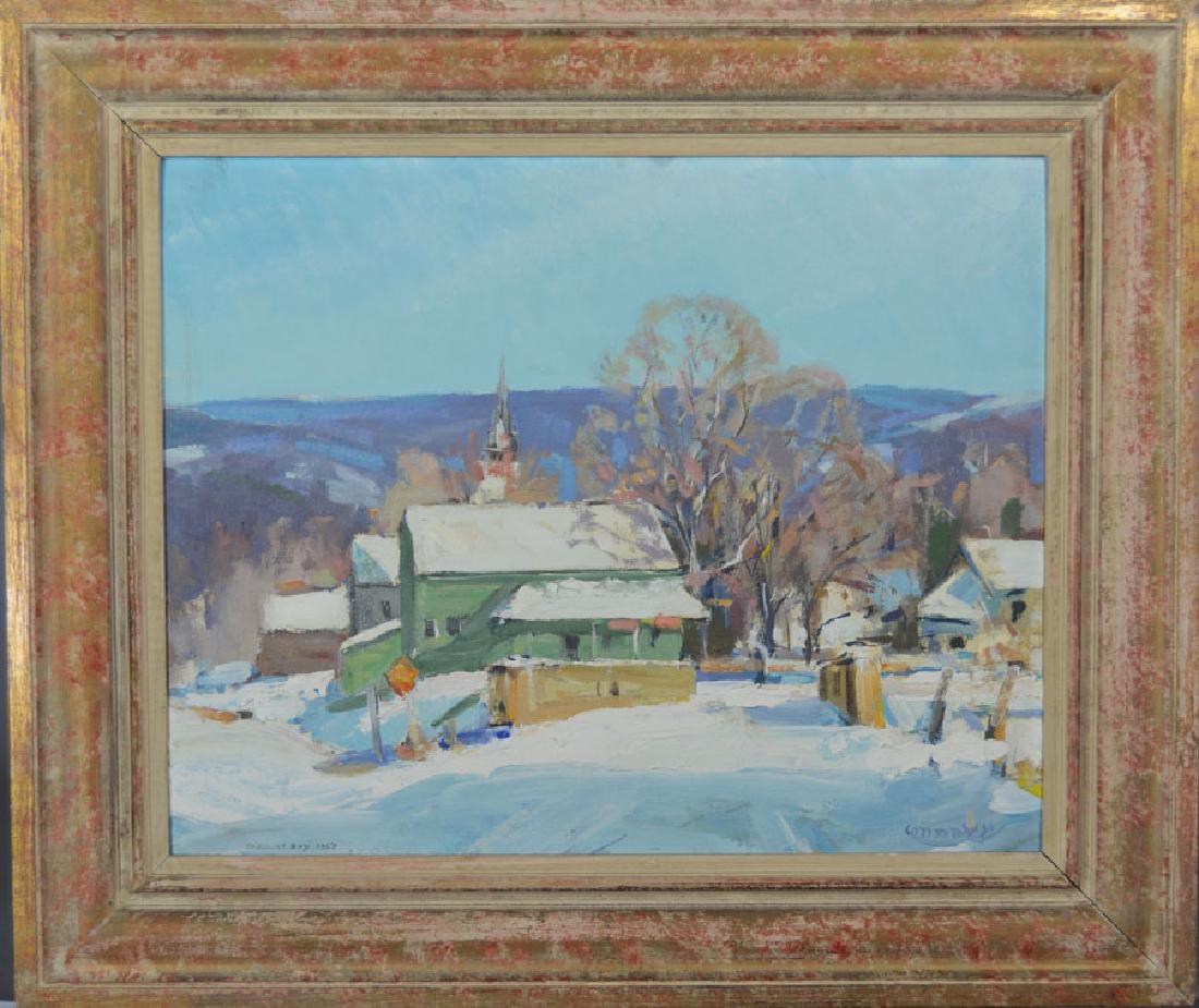 Jay Hall Connaway, (American, 1893-1970): oil on board, titled on verso "Green Barn in Winter Morning, Jamaica, Vermont", dated 1955, signed lower right, inscribed in pencil lower left "to A Good Guy 1957", also inscribed on verso "To a good 