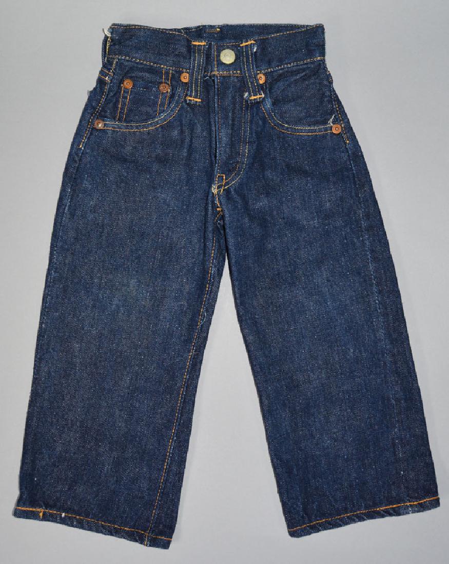 1950's Vintage Levi Strauss & Co. Children's Blue Jeans: Snap button at top of zipper, red tag with large "E", approx. size 17" waist x 13" inseam