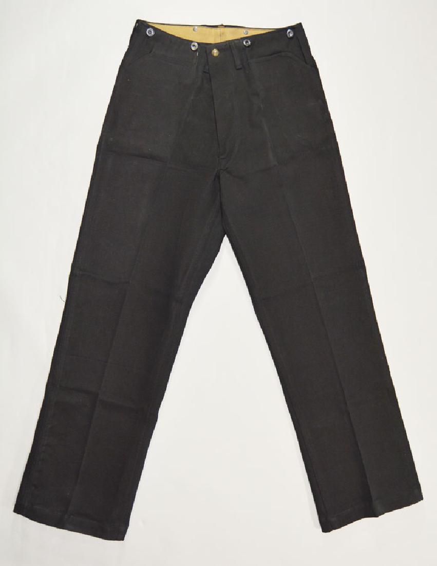 Vintage 1940's LEE Black Denim Jeans: New OLd Stock, button fly with the waist button being marked LEE, suspender buttons with wheat decoration, white cloth patch on the back with the San Francisco Bay bridge and marked Lee Jeans Lot S-72