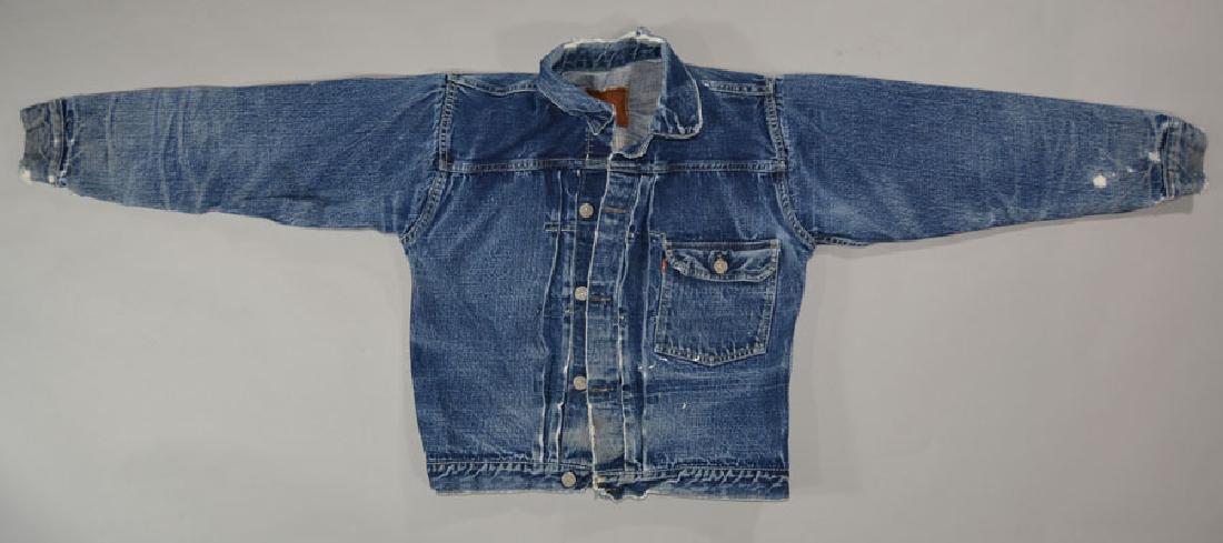 Vintage 1930's Levi Strauss & Co. 506 Blue Jean Jacket: Type I pocket flap, cinch back, red tag on breast pocket having a large E, buttons being marked Levi Strauss & CO S.F. CAL, leather label intact but unreadable. NOTE: These jeans are from a client who