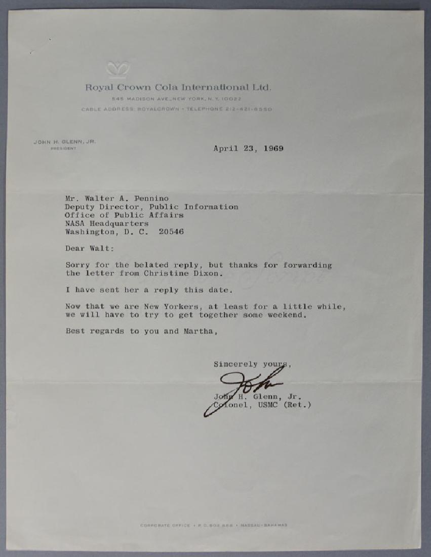 John Glenn TLS: to Mr. Walter Pennino, dated April 23, 1969 on Royal Crown Cola International Ltd. Stationery. Provenance: Collection of Lt. Col. Walter Pennino (1915-1998) who was the director of NASA's public relat
