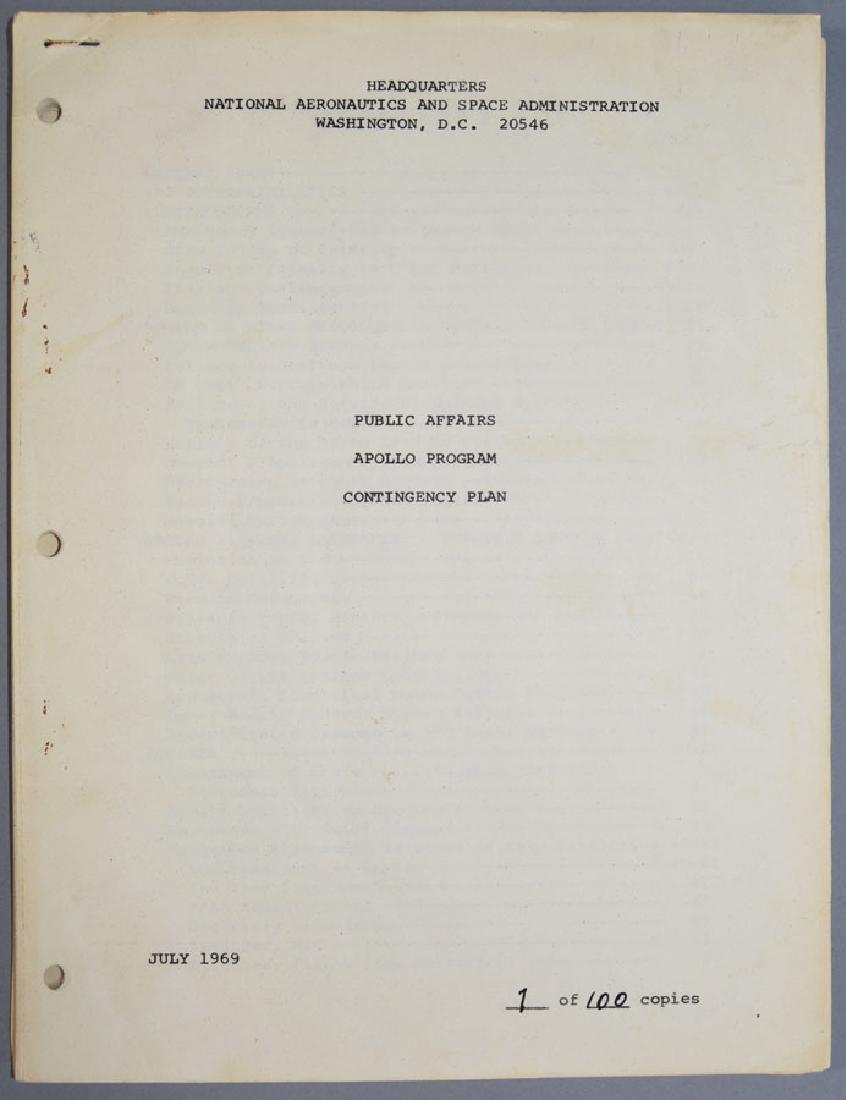 Rare "Public Affairs Apollo Program Contingency Plan": Headquarters National Aeronautics and Space Administration Washington, D.C. 20546 July 1969 #1 of 100 copies. Provenance: Collection of Lt. Col. Walter Pennino (1915-1998) who was the director of NASA