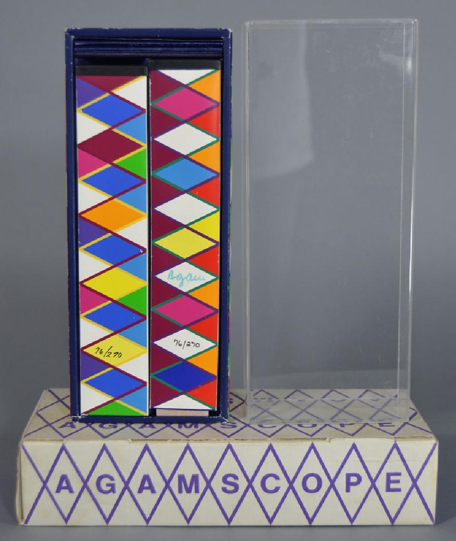 Yaacov Agam, (Israeli, b.1928): being a matched pair of â€œAgamscopeâ€ kaleidoscopesâ€š set being numbered 76/270â€š in the original plastic coverâ€š one signed Agam, each being 7 3/4â€ long, includes the origi