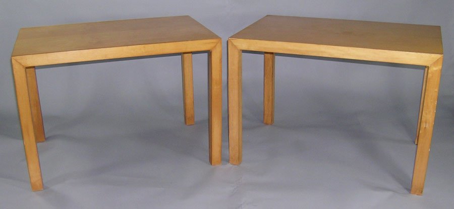 Pair of Jack Cartwright Founders Side Tables: Maple veneer throughout, rectangular top raised on square legs, 22\" wide, 32\" long, 22 1/2\" high.