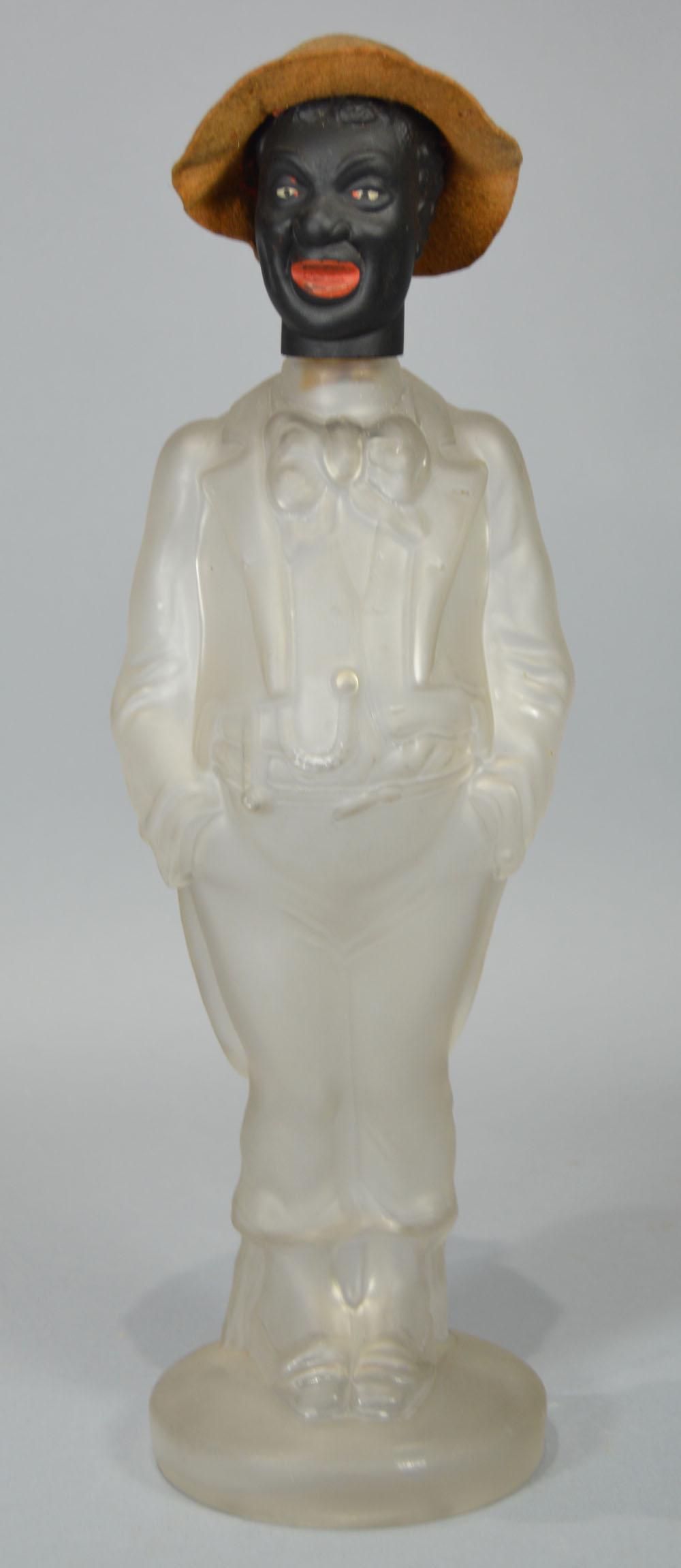 Black Americana Vintage Glass Bottle with Black Man's: frosted glass figural bottle, felt hat, 14 1/4" H.
