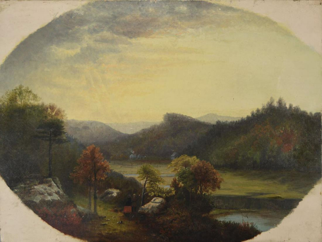 After Thomas Cole (American, 1801-1848): oil on canvas, depicting a fall river landscape with figures, buildings, mountains and the sun's rays coming through the clouds, 18" x 24", unsigned, unframed.