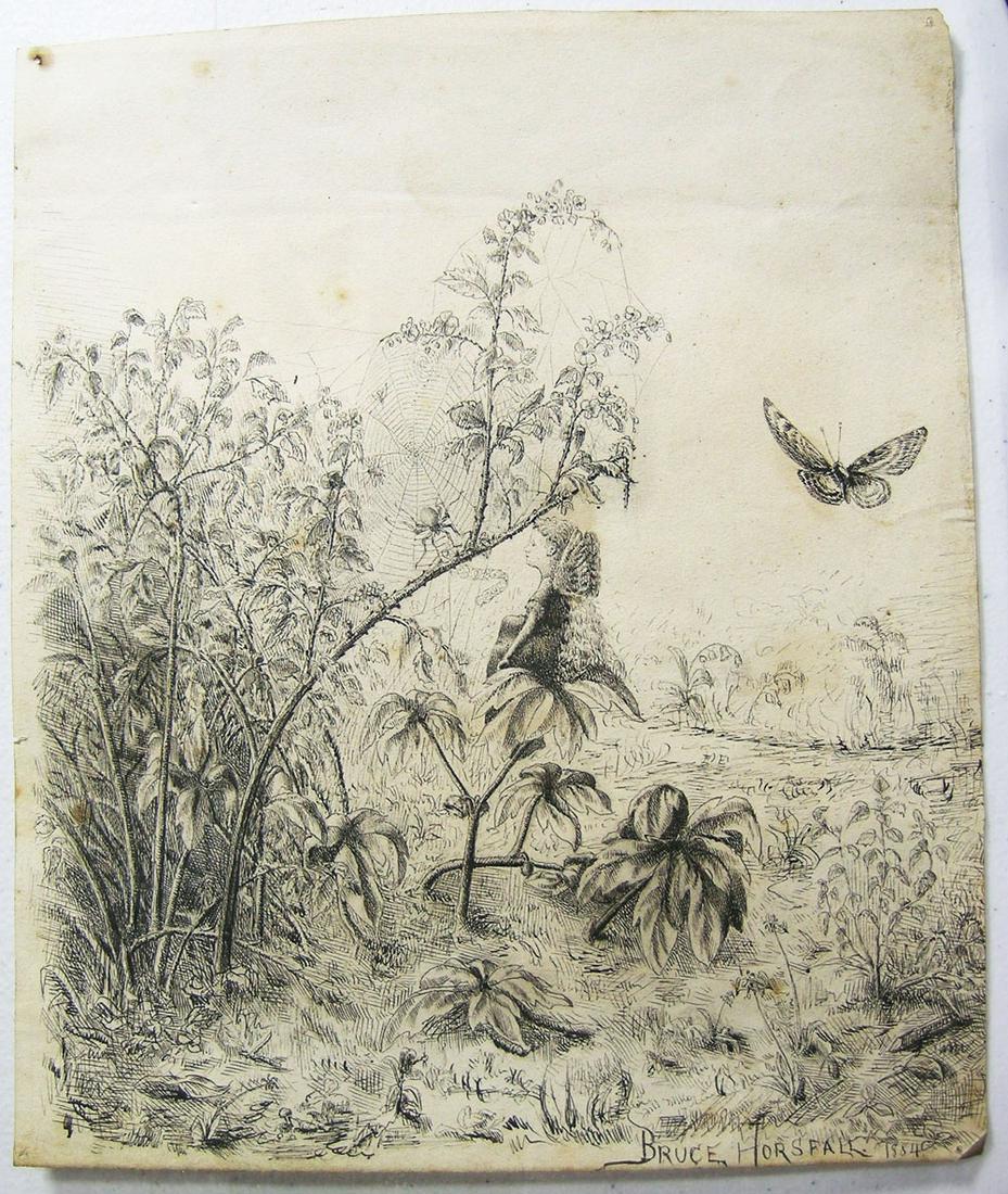 Robert Bruce Horsfall (American, 1869-1948): pen and ink drawing on paper depicting a Pixie sitting on a branch with a spider in a spider web and a butterfly flying, 7 7/8" x 6 5/8", signed "Bruce Horsfall" and dated "1884" lower right, unframed