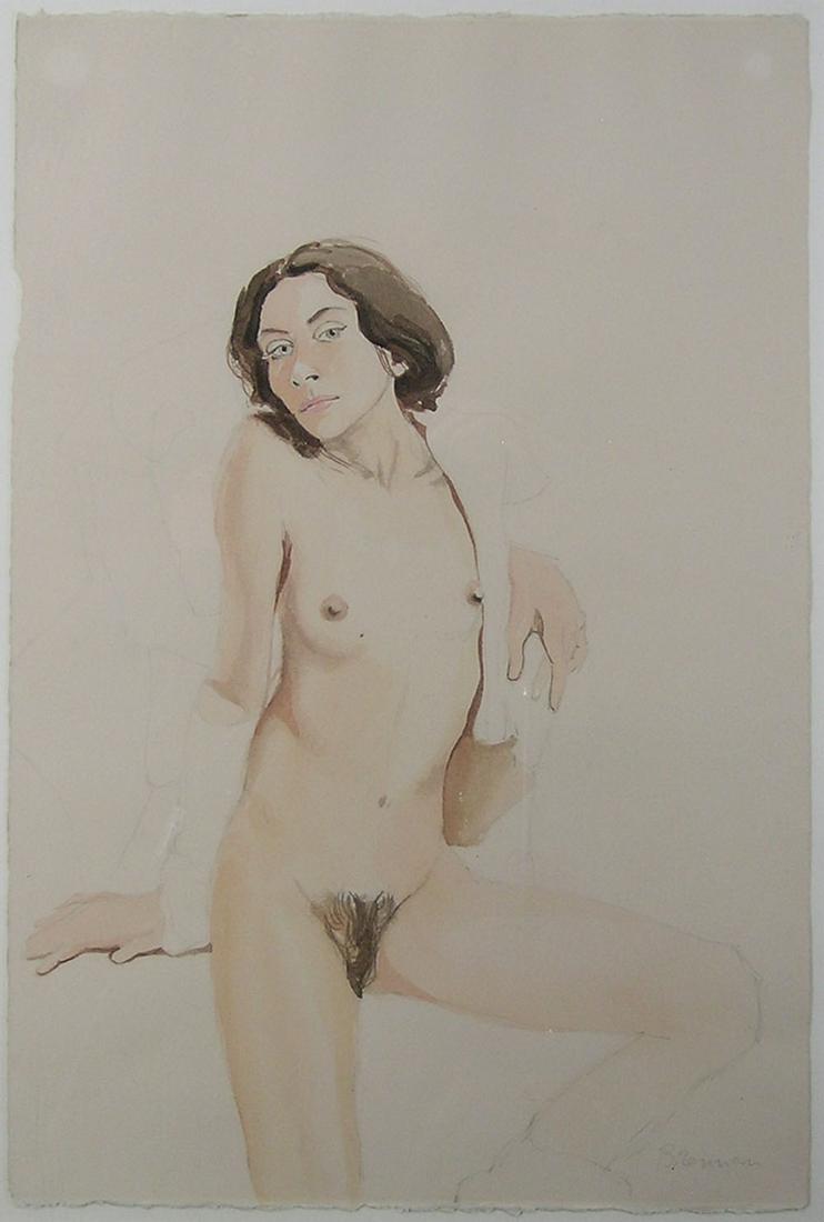 Brennan, (American, 20th C.): watercolor on paper, depicting a standing female nude, 22 1/4" x 15", signed lower right, framed, frame size 30" x 22"