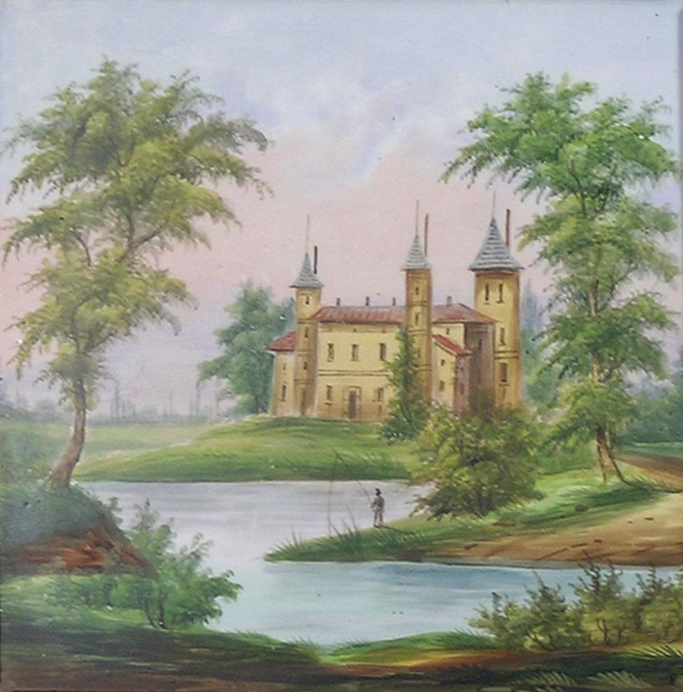 19th C. French KPM Style Hand Painted Plaque: depicting a landscape with figure fishing in a river and a castle, 7 7/8" square, bearing on the back the mark Montreau and L & Cie. Creil, in a very nice hand carved oak frame, frame size 15" x 15"