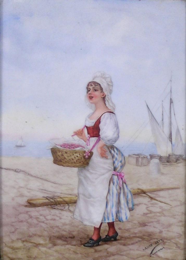 19th C. KPM Style Hand Painted Plaque: signed Laure Levy and D. Kaemmerer lower right, depicting a woman walking on the beach with a basket full of what appears to be shrimp with sailboats behind her, 9 5/8" x 6 1/4", framed, frame size 15