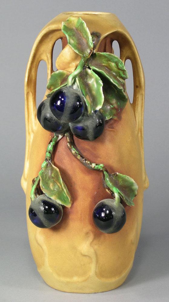 Amphora Vase With Grapes and Leaves: naturalistic tapering round body with four flowing handles, unmarked, 9 1/2" H.