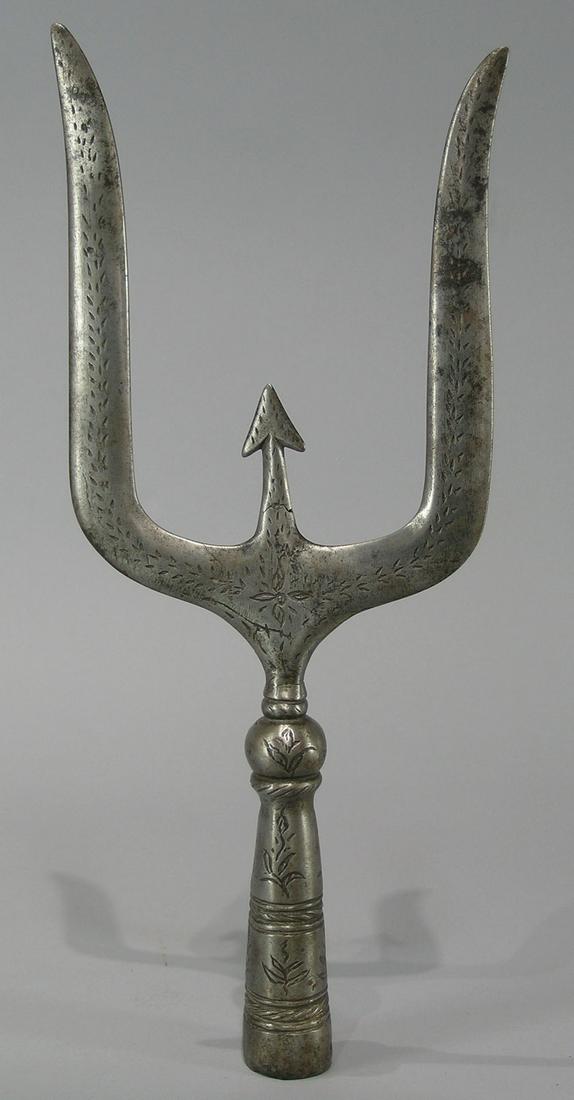 Antique Hand Forged Trident: hand chased decoration throughout, 16 1/4" L.
