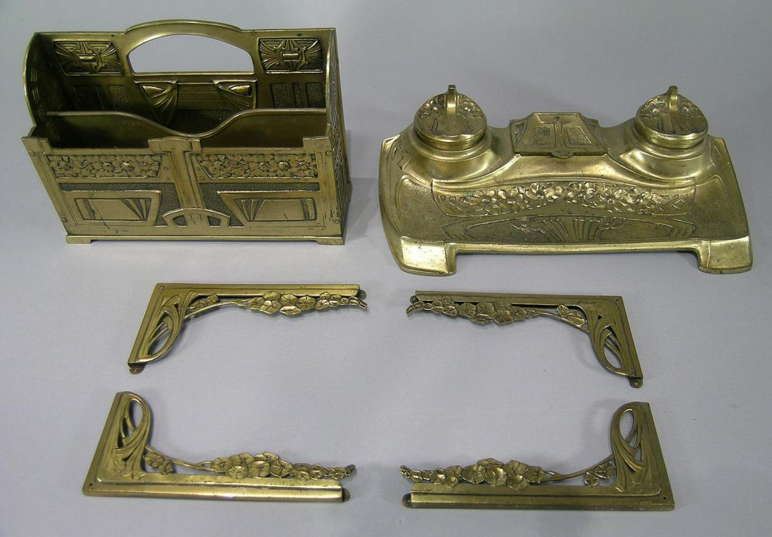 Antique Bronze Dore Desk Set: comprising and inkwell stand 12" long, letter holder and 4-blotter corners.