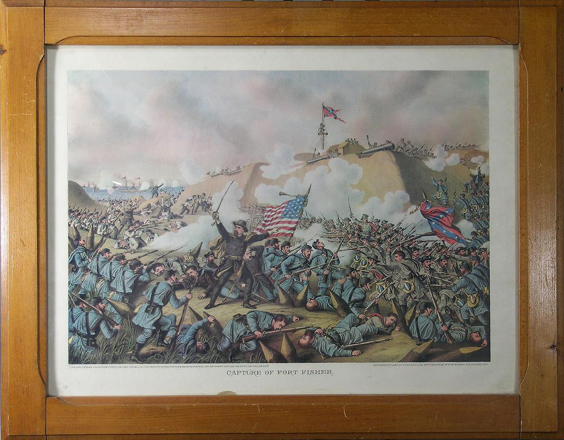 Kurz & Allison Capture of Fort Fisher Chromolithograph: Copyright 1890, Chicago, 14 1/2" x 20 7/8" image, 17 1/2" x 23 1/2" sheet, framed, frame size 21 3/4" x 27 3/4"