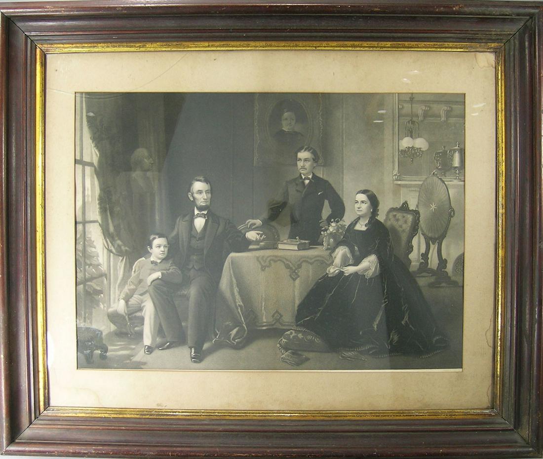 Lincoln And His Family, Steel Engraving: 1866, engraved by William Sartain from a painting by S.B. Waugh, published by Bradley & Co., Philadelphia, 17 5/8" x 25" plate, 22 3/8" x 29" sheet, in a nice Victorian Walnut frame.