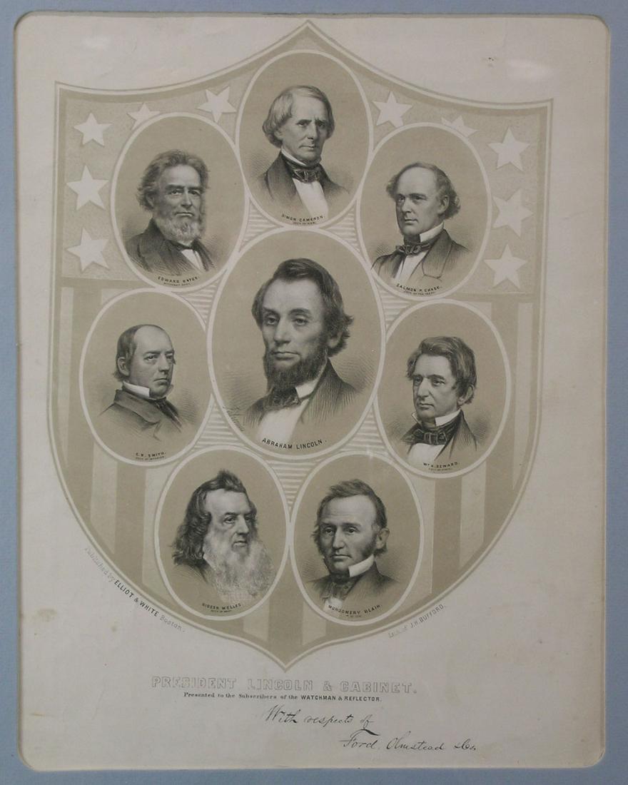 19th C. Abraham Lincoln Presidential Lithograph: titled "President Lincoln & Cabinet" in a shield design, Published by Elliot & White, Boston, Lith. Of J.H. Bufford, Presented to the Subscribers of the WATCHMAN & REFLECTOR, With Respects of Ford, Ol