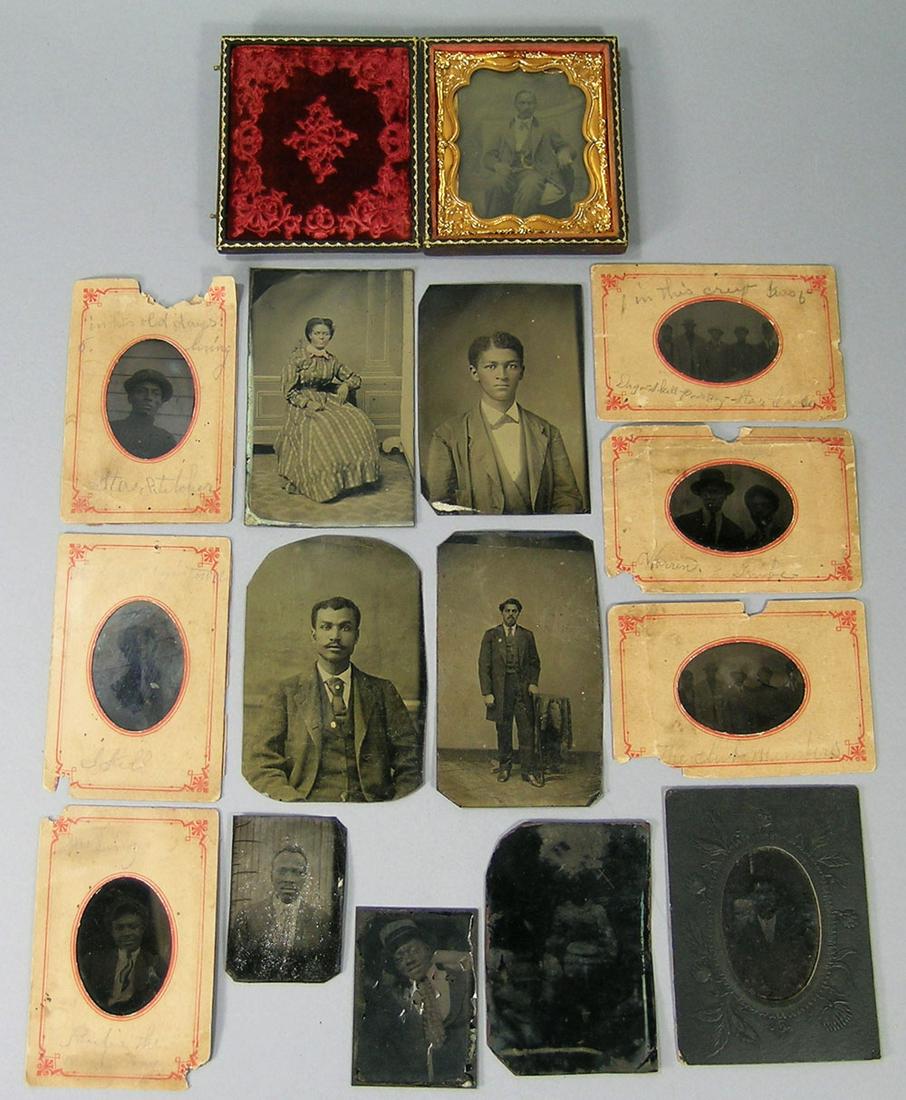 Collection of 15 African American Tintypes: most depicting men, one of woman and one cased, various sizes with the largest being 2 5/8" x 3 7/8", six in paper holders identified
