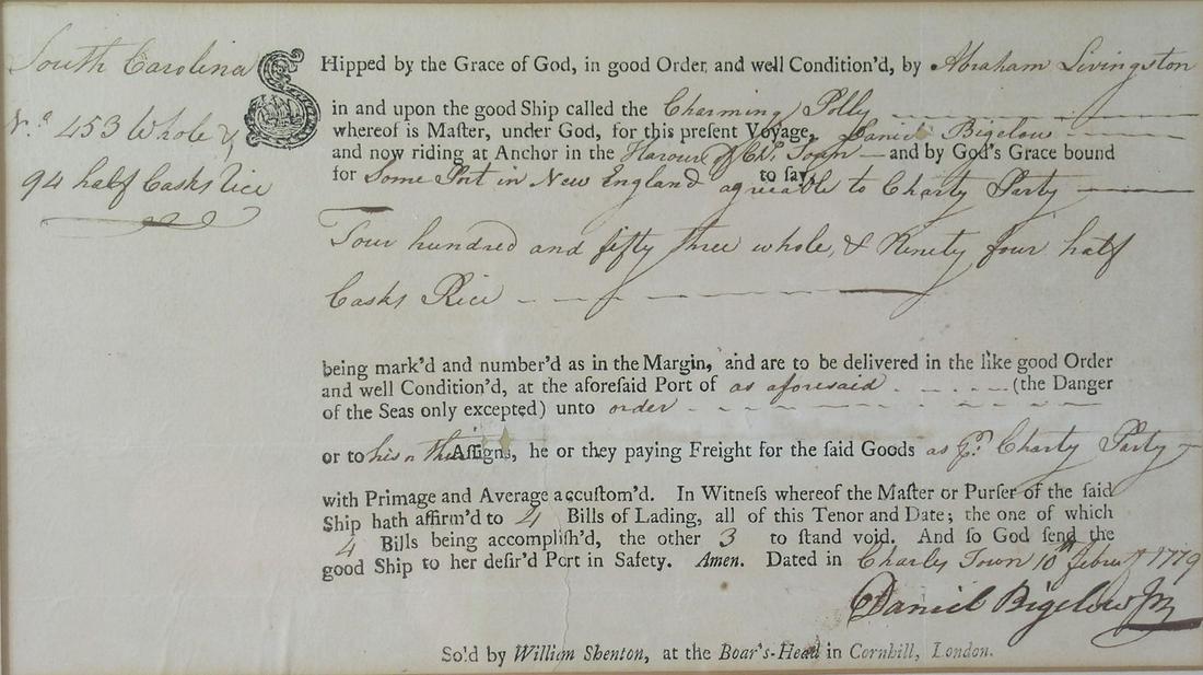 Revolutionary War Era Ships Manifest for the Ship: "Dated in Charles Town 10th February 1779" and carrying 453 Whole & 94 half casks Rice, 5 1/4" x 9", framed. NOTE: Charming Polly was a British Privateer Captained by Daniel Bigelow