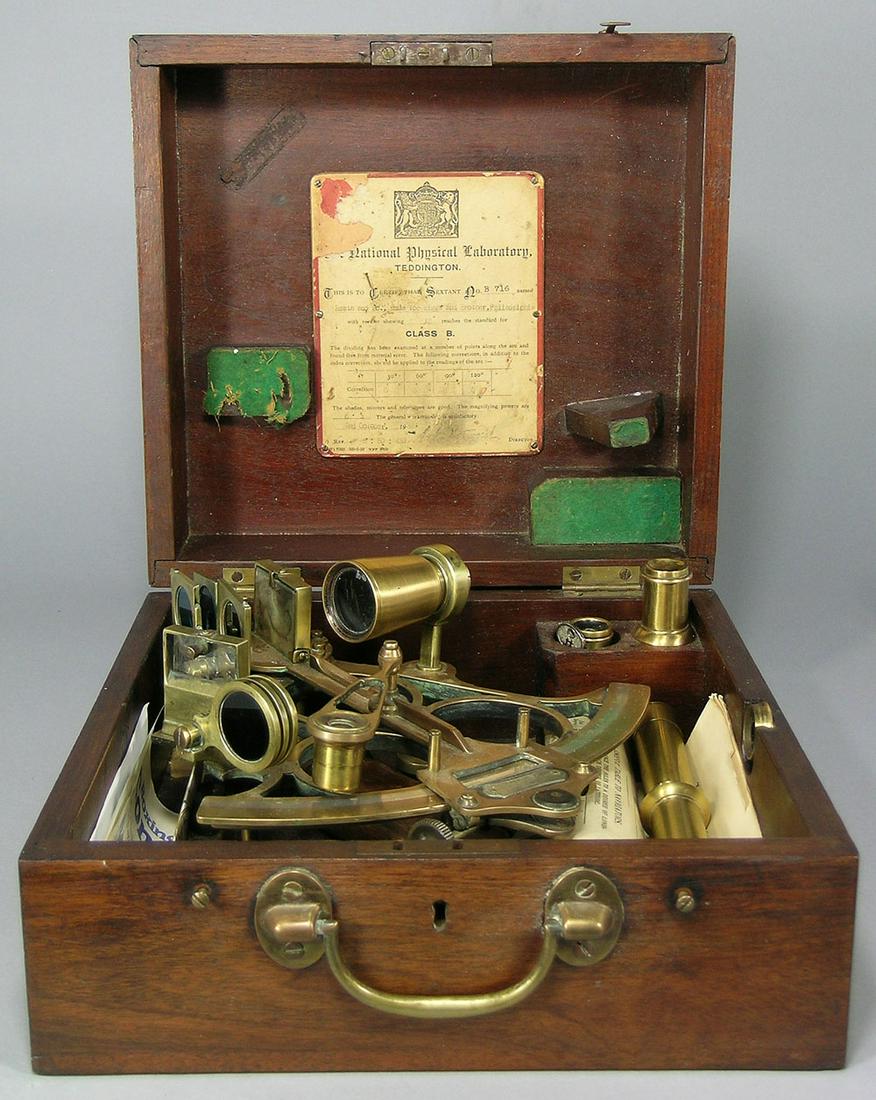 Heath & Co. Cased Hezzanith Sextant: having a label on the inside of the cover from the National Physical Laboratory in Teddington, and to certify that sextant No. B 716named Heath & Co. made for Riggs and Brother, Philadelphia with vern