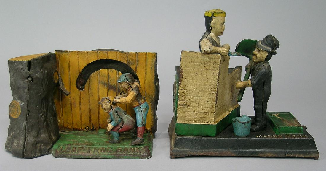 Two Vintage Cast Iron Mechanical Banks: reproductions, comprising Leap Frog Bank and Mason Bank, each being approx. 7" long