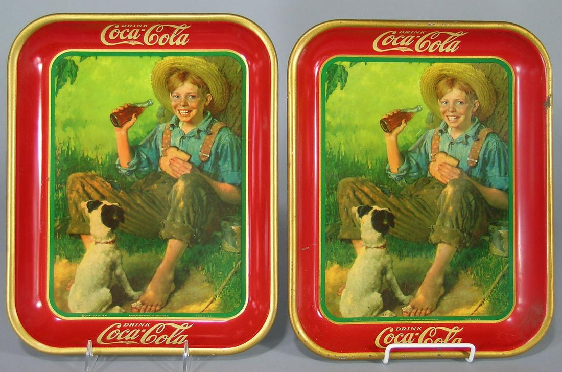 Two Drink Coca-Cola Serving Tray: 1931, made by American Art Works, Inc. Cochocton, O, each being 10 1/2" x 13 1/4", both retain good color